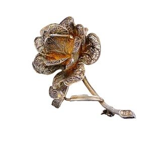 Gold Leaf Washed Sterling Silver filagree floral rose brooch marked